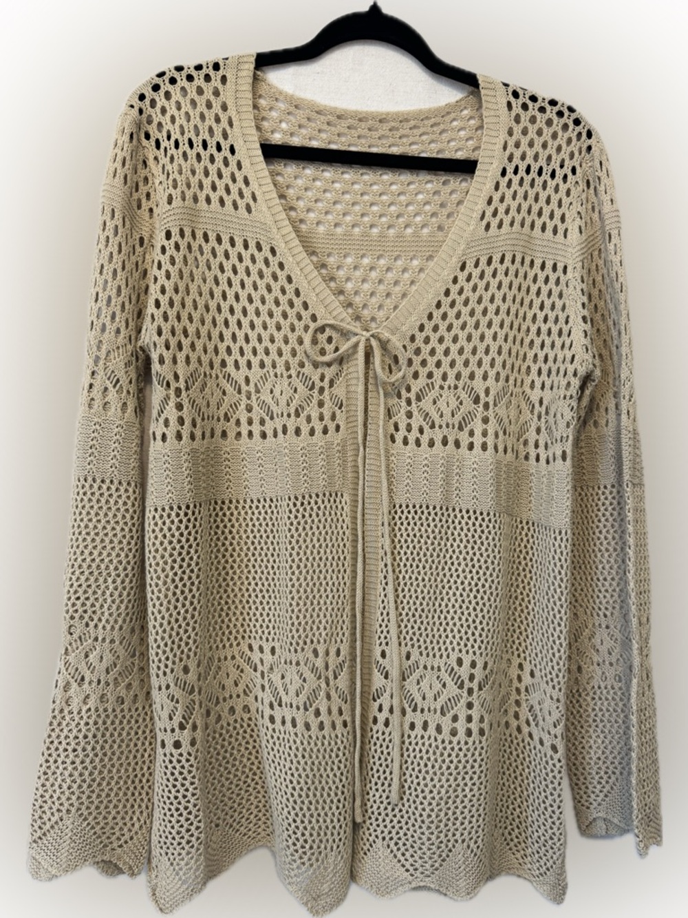 Women's Open Knit Tie-Front Cardigan - Cream